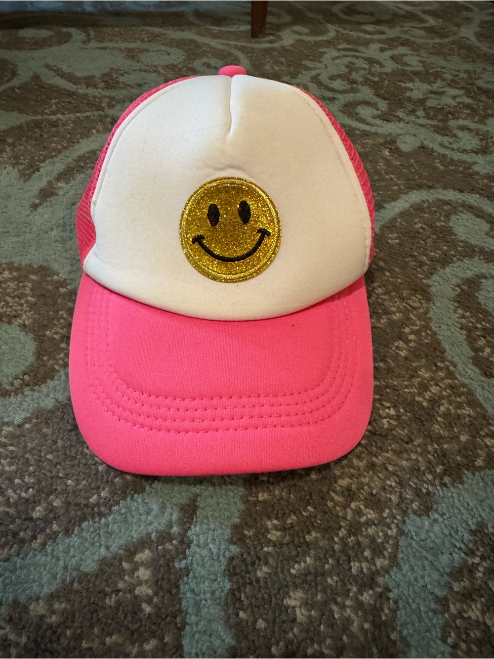Pink and White Trucker Hat with Gold Glitter Smiley
